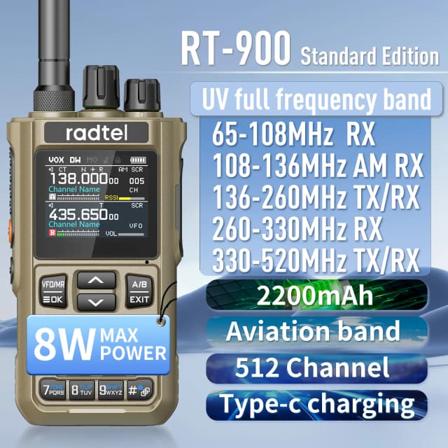 Radtel RT-900 Marrón 8W Banda completa Radioaficionado Walkie Talkie 512CH Banda aérea Estación de radio bidireccional Aviación NOAA Marine River PTT
