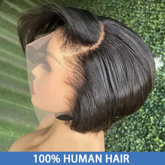 Peluca recta de corte Pixie, pelucas de cabello humano de encaje transparente, peluca Bob corto, peluca de malla con división en T, cabello humano brasileño prearrancado para mujeres