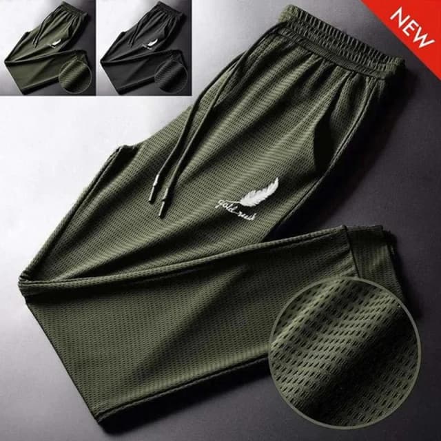 Pantalones de seda de hielo calados para hombre, pantalones de malla transpirables informales finos de secado rápido, pantalones sueltos con pies elásticos, pantalones deportivos para Fitness