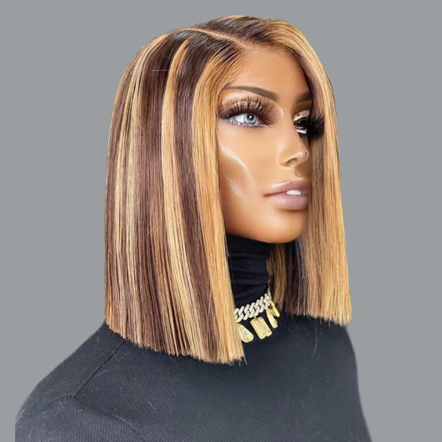 Peluca recta de Bob corto, peluca de cabello humano 100% 4/27 resaltado, pelucas frontales de encaje 13x4, peluca con malla Frontal marrón ombré Rubio miel Bob