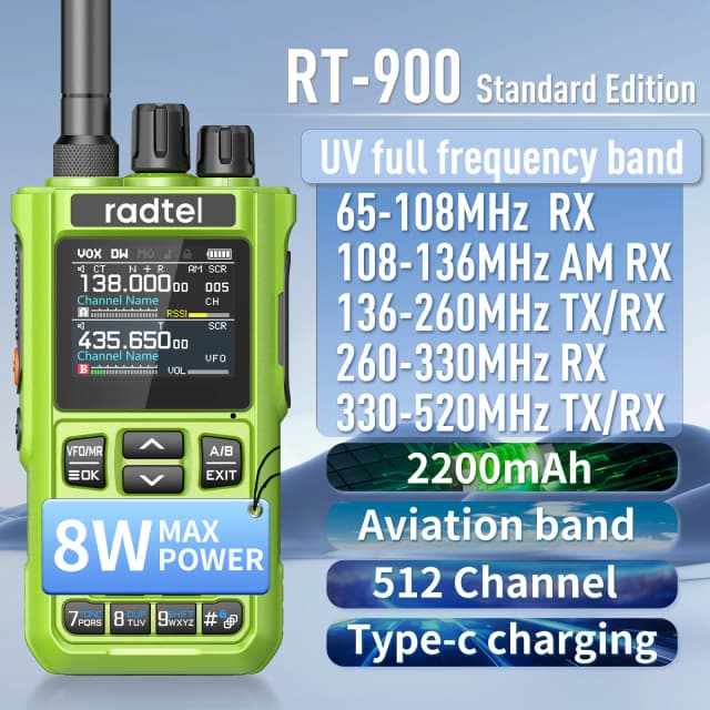 Radtel RT-900 verde 8W banda completa Radio Ham Walkie Talkie 512CH banda aérea estación de Radio bidireccional aviación NOAA río marino PTT