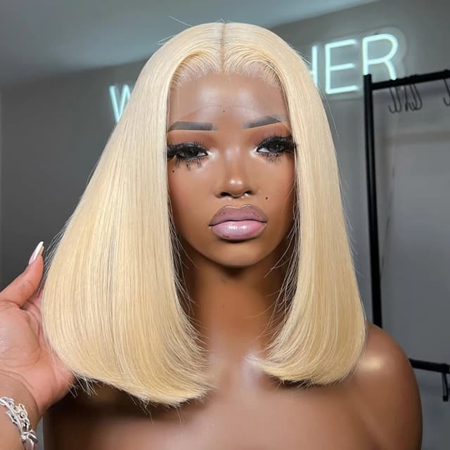 Peluca Bob corta rubia 613, pelucas de cabello humano con encaje Frontal 13x4, pelucas frontales de encaje transparente, hueso brasileño recto, 200 de densidad