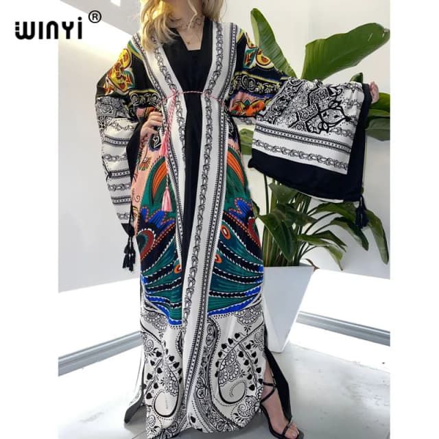 WINYI-vestido de seda con manga de murciélago para mujer, KIMONO, cárdigan, Bata de punto, cóctel, sexy, bohemio, Maxi, vacaciones africanas, Primavera, 2021