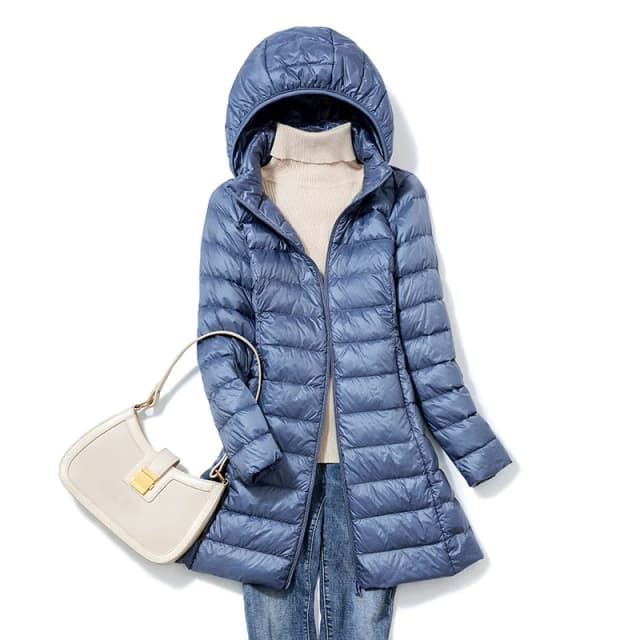 0-10 ℃   Chaquetas de invierno para mujer, abrigo fino acampanado portátil ultraligero con capucha, chaqueta de plumón de pato para mujer, ropa de abrigo desmontable con capucha 5XL