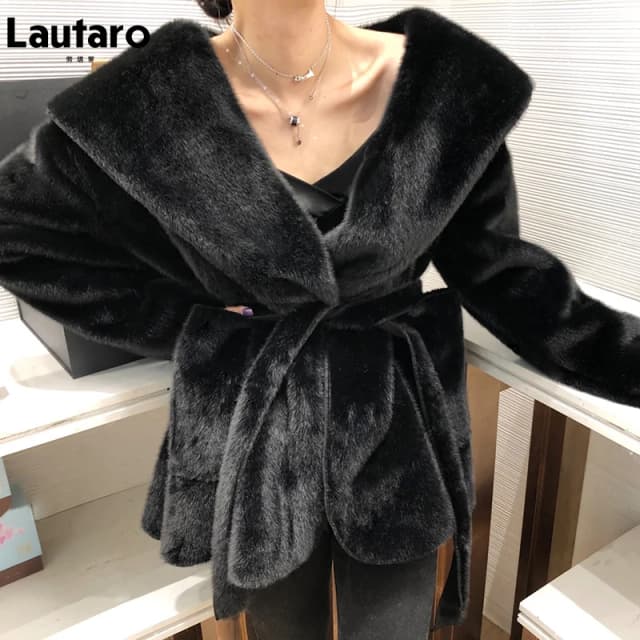 Lautaro-cárdigan de piel sintética para mujer, cárdigan negro cálido de gran tamaño con hombros caídos, fajas de manga larga, moda coreana holgada y elegante, invierno 2021