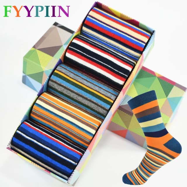 Calcetines casuales para hombre Raya cromática Cinco pares de calcetines Hombre con el diseño final Ropa Estilo de diseñador de moda Algodón Sin caja