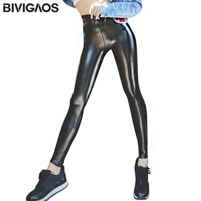 Bivigeos mujeres otoño negro PU cuero Legging pantalones terciopelo grueso cálido Leggings Slim Sexy Push Up Leggings Skinny pantalones mujeres