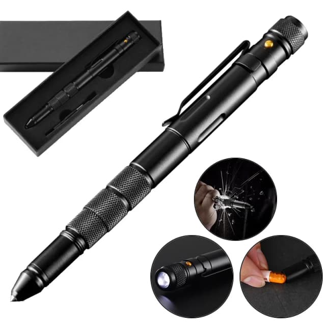 Bolígrafo táctico portátil 5 en 1, linterna, interruptor de vidrio de emergencia, estuche de almacenamiento impermeable, herramienta EDC de rescate de autodefensa para exteriores