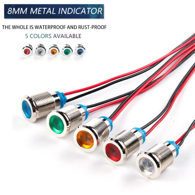 Lámpara de señal de luz indicadora de Metal impermeable LED de 8mm con cable 3V 6V 12V 24V 110V 220V rojo/amarillo/azul/verde/blanco