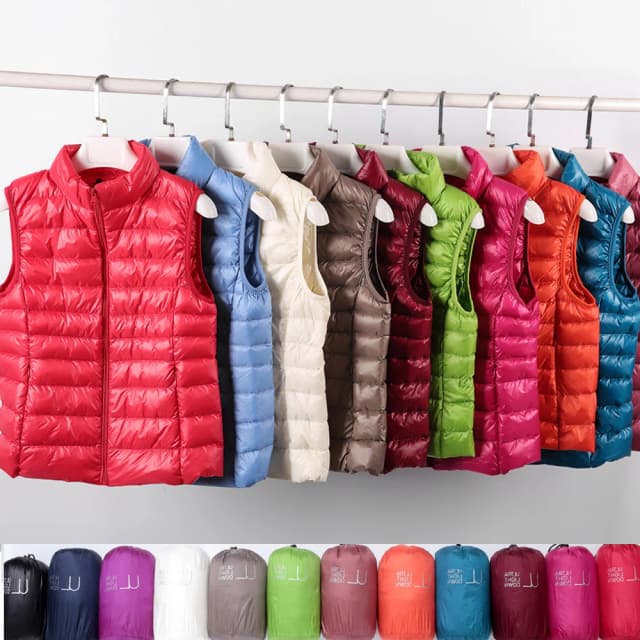 0-10 ℃   Abrigo ultraligero y delgado sin mangas para mujer, chaquetas finas de invierno, chaleco acolchado a prueba de viento, chaleco de plumón de pato portátil