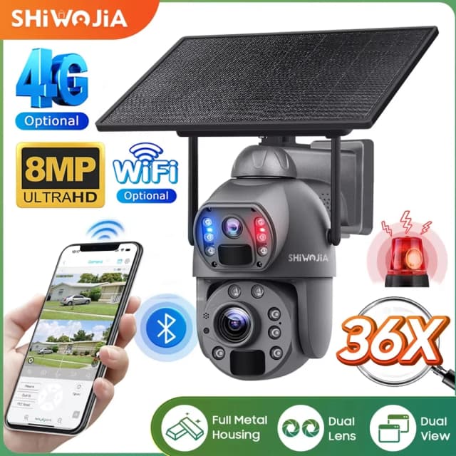 SHIWOJIA 36X ZOOM 8MP 4G SIM Cámara solar al aire libre 360 °   Cámaras de seguridad inalámbricas con batería WIFI y visión nocturna PIR con panel solar