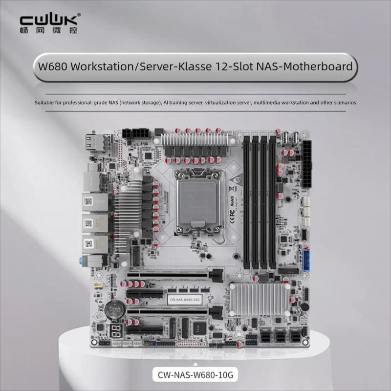 La placa base NAS CWWK W680 admite SATA de grado de servidor de 12 bahías, 4 ranuras DDR5 y puertos Ethernet ECC 10G puros.