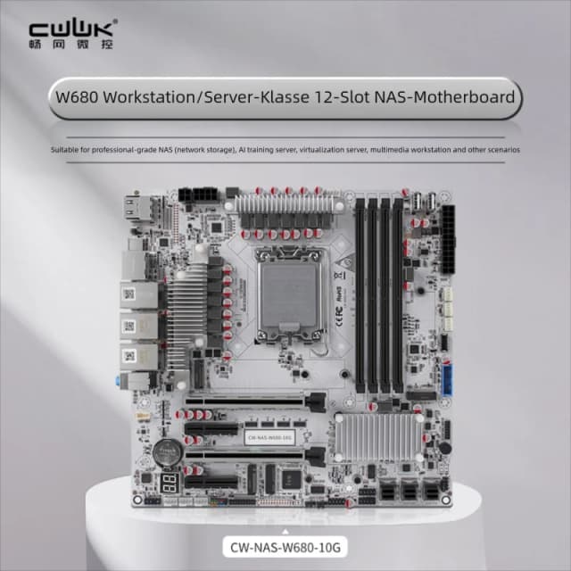 La placa base NAS CWWK W680 admite SATA de grado de servidor de 12 bahías, 4 ranuras DDR5 y puertos Ethernet ECC 10G puros.