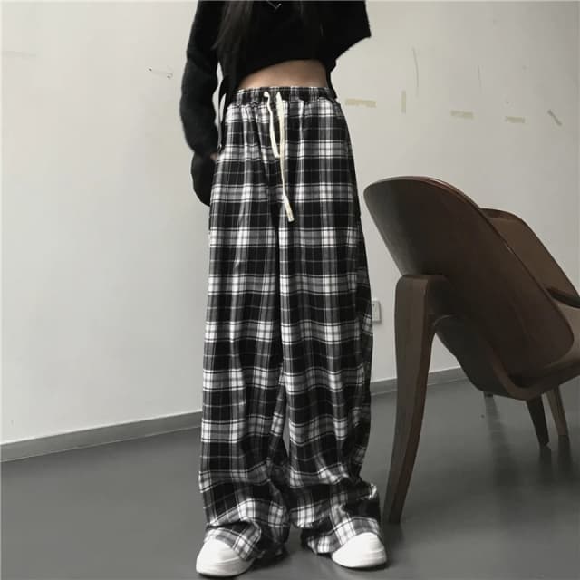 Pantalones de chándal de gran tamaño para mujer, pantalón informal a cuadros negros, holgado, con bolsillos de cintura elástica, Hip Hop, Unisex