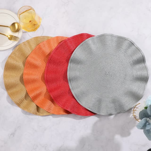 Juego de 6 manteles individuales redondos con diseño tejido, manteles resistentes al calor, lavables con borde corrugado, manteles antideslizantes para mesa de comedor