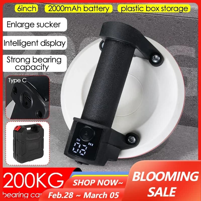 Ventosa de vacío eléctrica de 6 pulgadas con carga de 200KG, elevador de vacío de alta resistencia con pantalla Digital LED para elevación de vidrio de azulejos de granito, 2000mAh