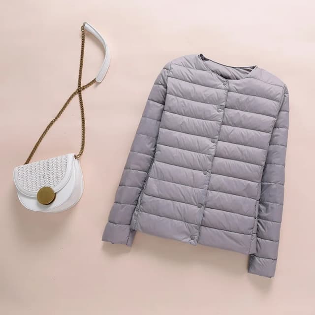 Chaqueta de plumón ultraligera sin cuello para mujer, abrigo coreano de plumón de pato, Parkas acolchadas portátiles para mujer, abrigo acolchado con cuello redondo 2023