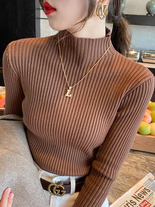 Tops de punto básicos lisos elegantes para mujer, suéter con cuello alto, Jersey ajustado informal de manga larga, moda coreana, ropa sencilla y elegante
