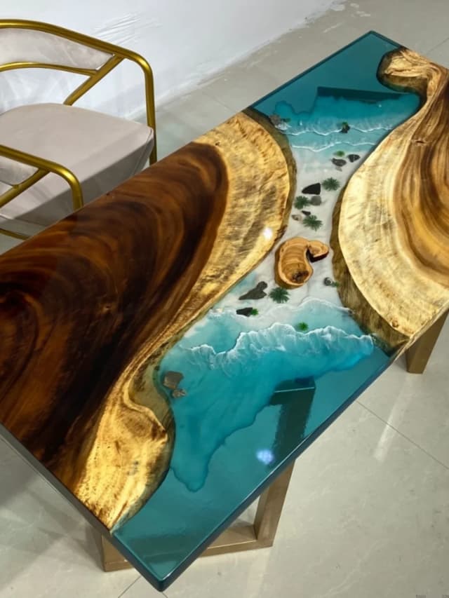 Punto marino de losa de madera maciza de onda de río de resina epoxi 160*75*4,5, mesa oceánica