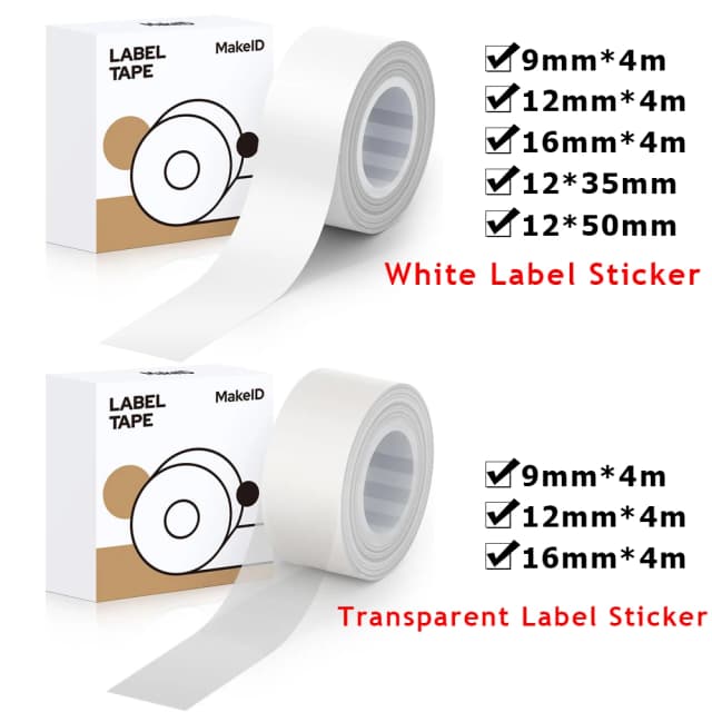 1 rollo de papel adhesivo blanco/transparente de 9mm, 12mm y 16mm para MAKEID M1/L1/E1 Mini/Mini HD, cinta laminada para etiquetado de oficina