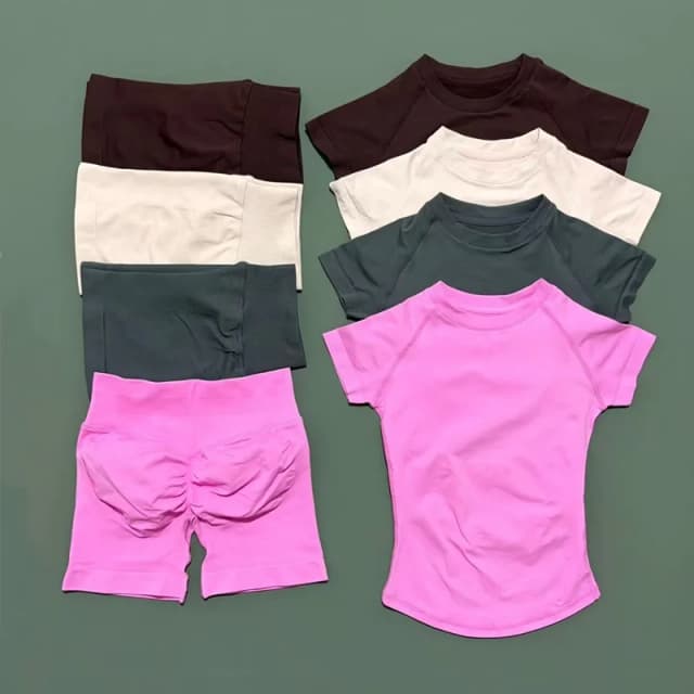 Conjunto Deportivo HISTELLO de 2 Piezas, Ropa de Yoga sin Costuras de Manga Corta, Conjunto de Fitness para Mujer, Leggings Cortos para Entrenamiento, Running y Deportes