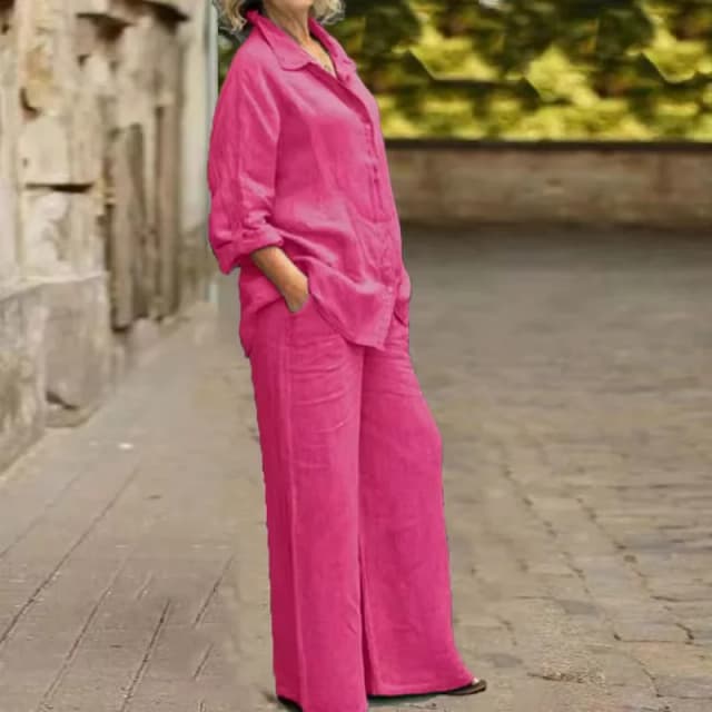 Set da 2 pezzi in lino largo per le vacanze Camicetta e pantaloni con bottoni a maniche lunghe con risvolto alla moda Completi con pantaloni larghi a gamba larga