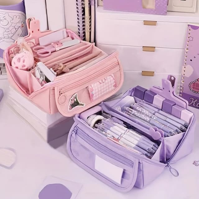 Estuche organizador para lápices de gran capacidad: almacenamiento de escritorio con múltiples compartimentos para material escolar y de oficina (rosa/púrpura/negro)