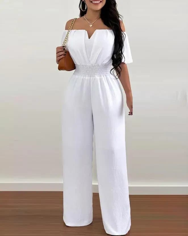 Monos para mujer, moda Primavera 2023, mono informal liso con hombros descubiertos, manga corta, cintura fruncida, mono de pierna larga para uso diario 2024