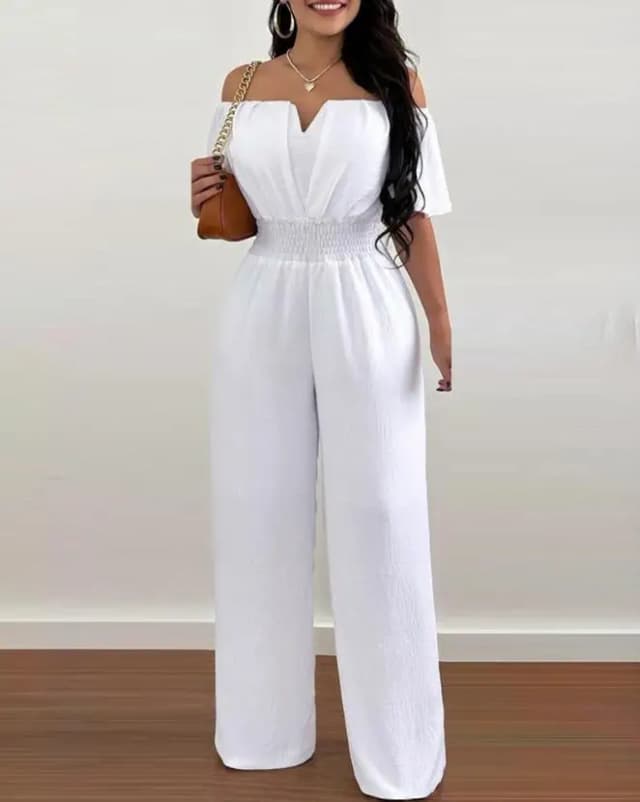 Monos para mujer, moda Primavera 2023, mono informal liso con hombros descubiertos, manga corta, cintura fruncida, mono de pierna larga para uso diario 2024