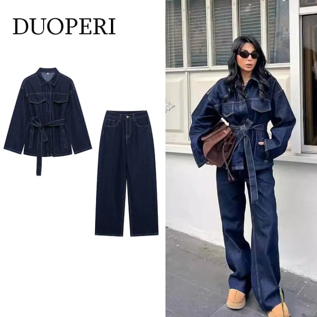 DUOPERI, conjuntos de 2 piezas a la moda para mujer con cinturón, chaquetas vaqueras y pantalones vaqueros con cremallera frontal Vintage, conjuntos de pantalones elegantes para mujer