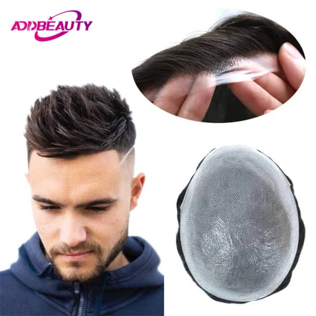 Peluquín para hombres, pelucas de cabello humano indio, pelucas de cabello humano Remy de piel fina con nudos, línea de cabello Natural Invisible, unidades de sistema de cabello indio