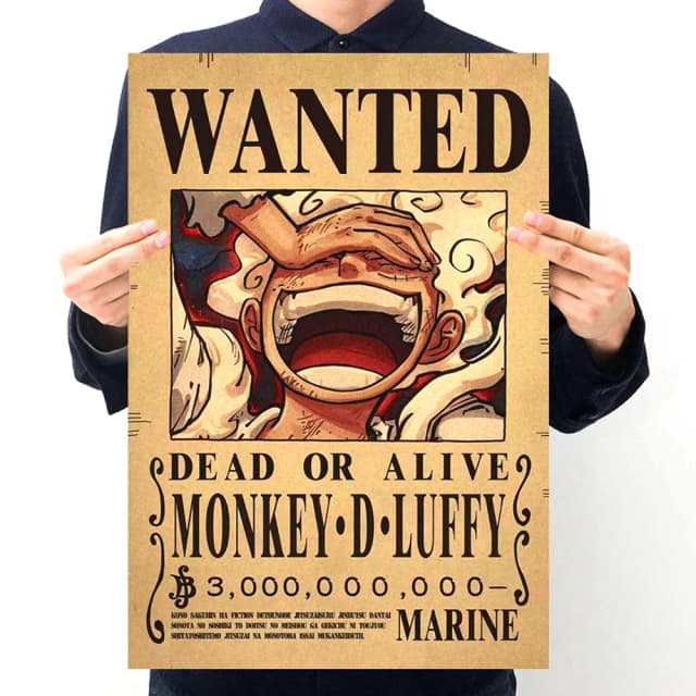 Anime One Piece Gear 5 Luffy Sun God Nika Bounty Wanted carteles ley chico figuras Vintage decoración de pared de salón juguetes adhesivos