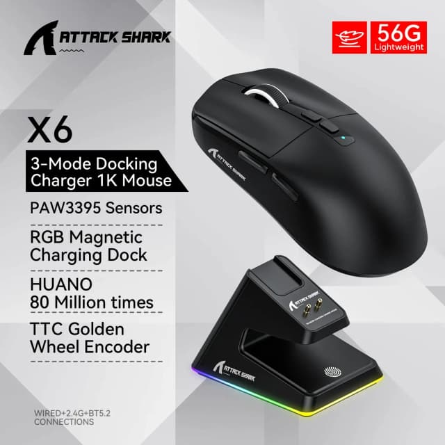 Ratón inalámbrico ligero para juegos X6 con 3 modos con cable 2,4G BT5.2 hasta 26K DPI RGB Base de carga con retroiluminación para ordenador portátil Deskbtop