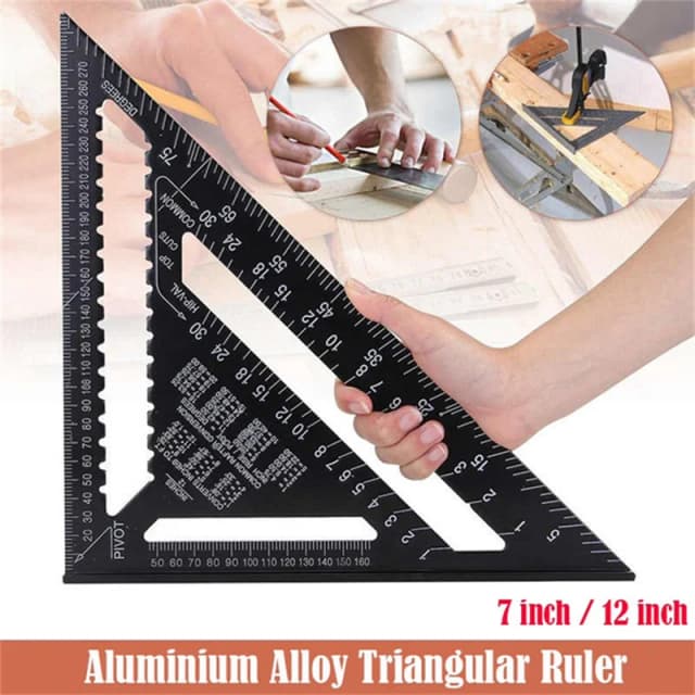 Regla triangular de 7 ''/12", herramienta de diseño de medición de carpintero, transportador de regla triangular de Metal de aleación métrica para herramientas de carpintería