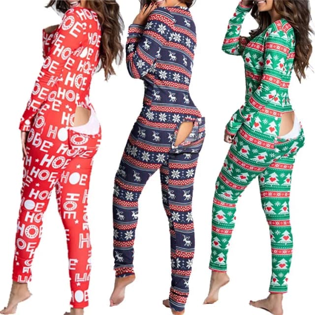 Pijamas de mujer con estampado navideño, mono Sexy, moda informal, con botones, parte delantera, parte inferior trasera, abertura en la cadera, monos con tapa, 2023