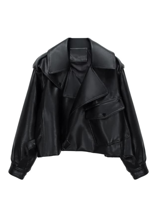 Ailegogo-Chaqueta corta de cuero sintético para mujer, abrigo holgado con solapa y cinturón, con bolsillo grande, para motociclista, primavera y otoño