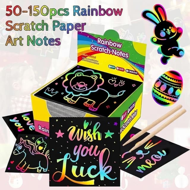 50-150 Piezas de Papel para Rascar Arcoíris, Notas Artísticas, Manualidades para Niños, Rellenos para Cestas de Pascua, Regalos para Niñas y Niños, Premios para el Aula, Actividades Escolares