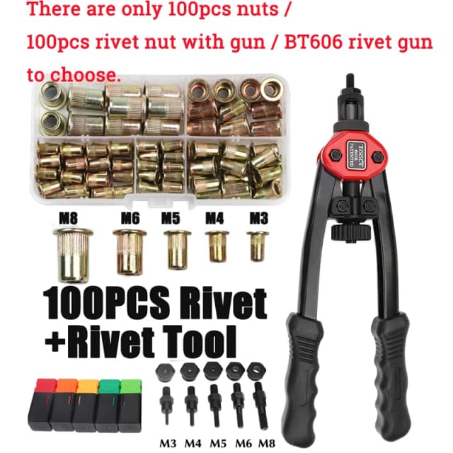 1 uds/100 Uds tuerca de remache tuercas de remache roscadas a mano pistola BT606 M3 M4 M5 M6 M8 doble inserto Manual pistola remachadora herramienta de remachado