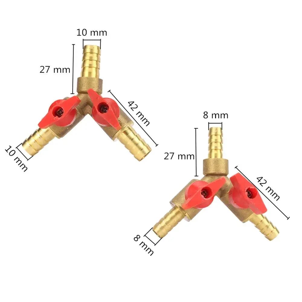 Espiga para manguera de 8mm y 10mm, adaptador de conector de instalación de tubería de válvula de bola de cierre de latón de tres vías en forma de Y para combustible, Gas, agua, aceite y aire, 1 ud.