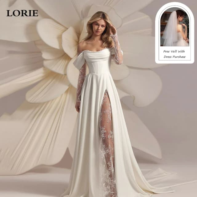 Lorie renda manga longa vestidos de casamento fora do ombro a linha vestidos de noiva sem costas princesa apliques vestido de noiva personalizado