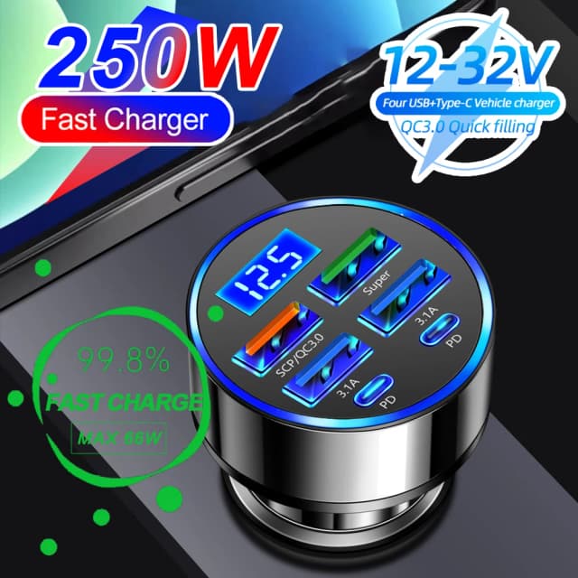 Cargador de coche PD de 250W QC3.0, carga rápida de dos a seis puertos, enchufe para encendedor de cigarrillos, cargador de coche, carga Flash con pantalla Digital