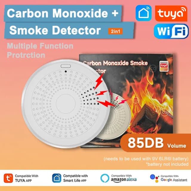 Tuya WiFi versión 2 en 1 Detector de Gas monóxido de carbono humo fuego sonido alarma Sensor inteligente CO y Detector de humo aplicación Smart Life