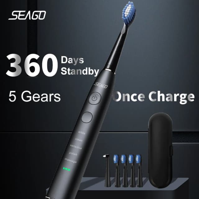 Cepillo de dientes eléctrico Seago, recargable por USB, para adultos, 360 días de duración de la batería, IPX7, 4 cabezales de repuesto, caja de viaje SG-575