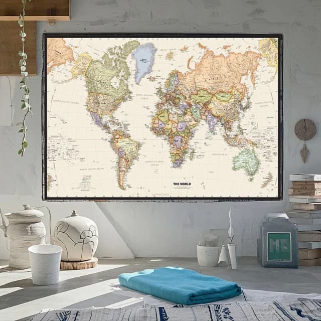 Mapa del mundo en idioma inglés, imagen decorativa colgante, mapa detallado no tejido de varios tamaños, decoración de viaje para educación, escuela y oficina