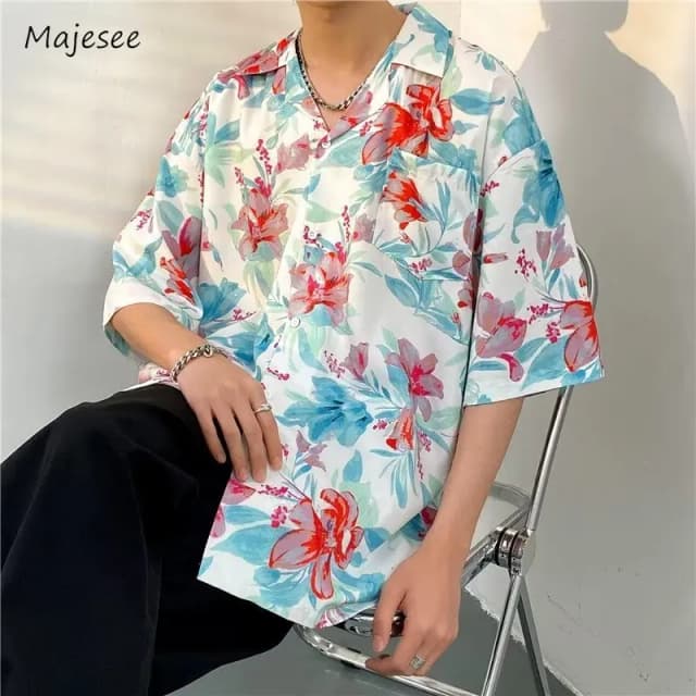 Camisas hawaianas para hombre, transpirables avanzadas, a la moda, de media manga, florales, con bolsillo de calle, estilo coreano, Hipster masculino guapo