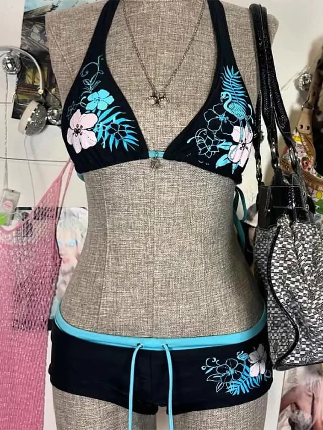 Conjunto de Bikini Vintage con estampado de flores, traje de baño de los años 2000, traje de baño Sexy para mujer, traje de baño con tirantes Halter, ropa de playa de calle alta para mujer