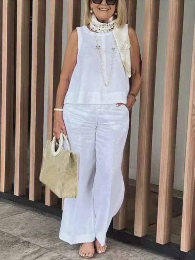 Conjuntos Para Mujeres, 2 Piezas, conjunto de Ropa de algodón y lino, Top holgado sin mangas, pantalones de pierna ancha, conjunto de dos piezas, ropa informal