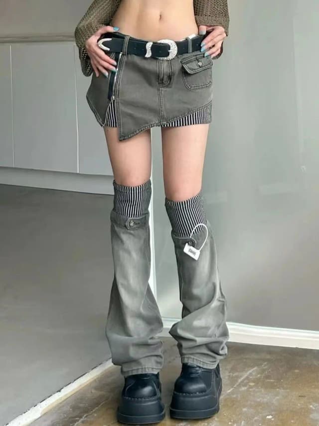 Traje vaquero de retales con estampado retro americano, media falda para mujer Y2K, Falda corta irregular, cubierta para pierna, conjunto de dos piezas para usar