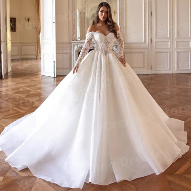 Requintado uma linha feminina fora do ombro vestidos de casamento novia rendas apliques vestidos de noiva personalizado robe de mariée