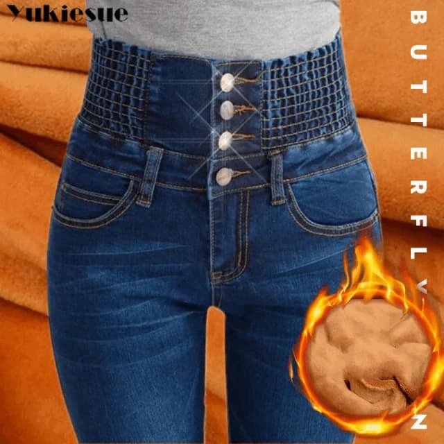Pantalones vaqueros cálidos de lana gruesa para mujer, jeans de cintura alta para mujer, pantalones vaqueros para mamá, ropa negra para mujer, Invierno